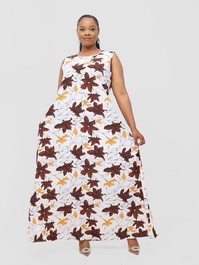 Vivo Basic Sleeveless Tent Maxi Dress - Cream / Chocolate Doret Print