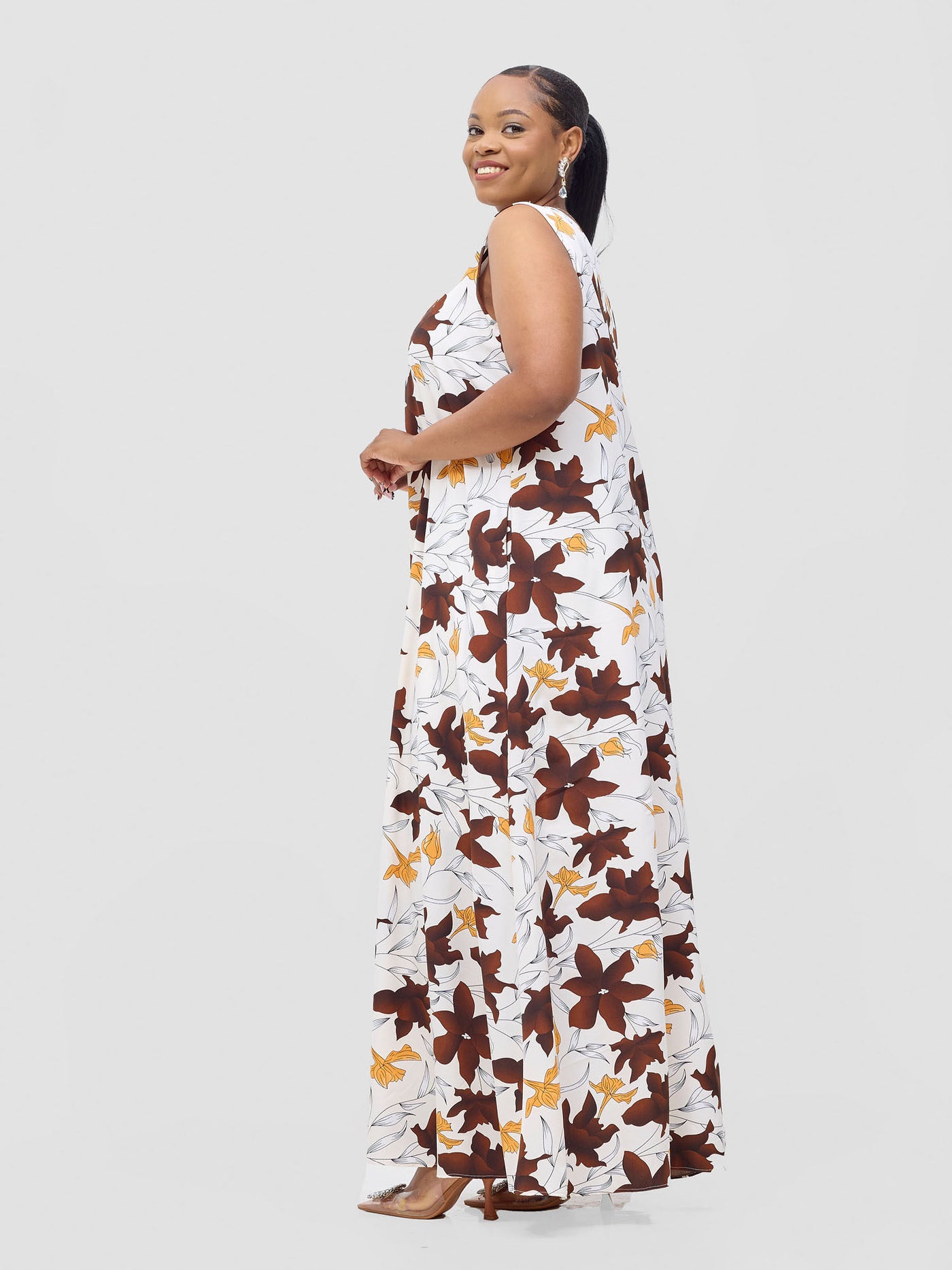 Vivo Basic Sleeveless Tent Maxi Dress - Cream / Chocolate Doret Print