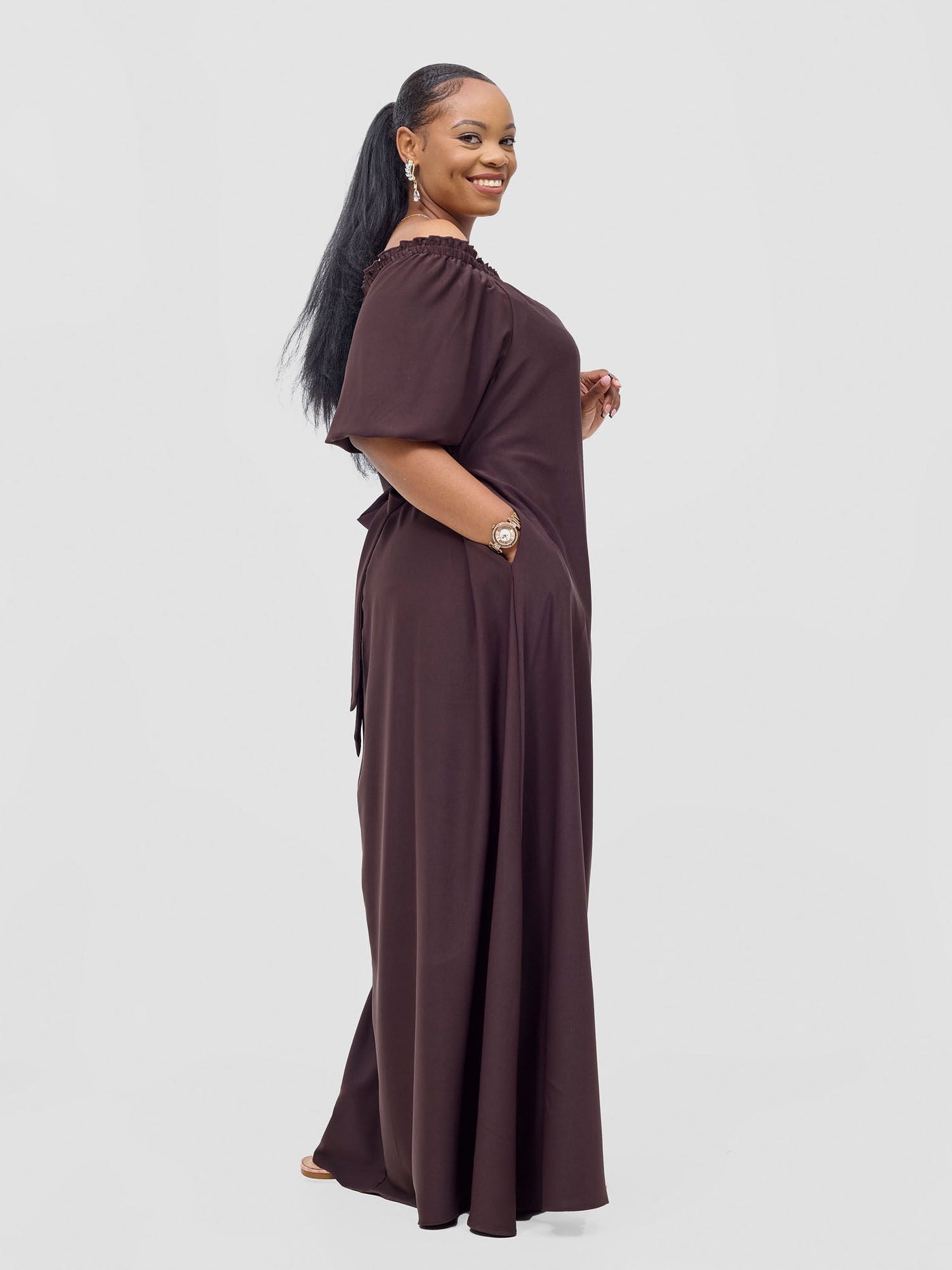 Vivo Ayla Bubble Sleeve Maxi Dress - Brown