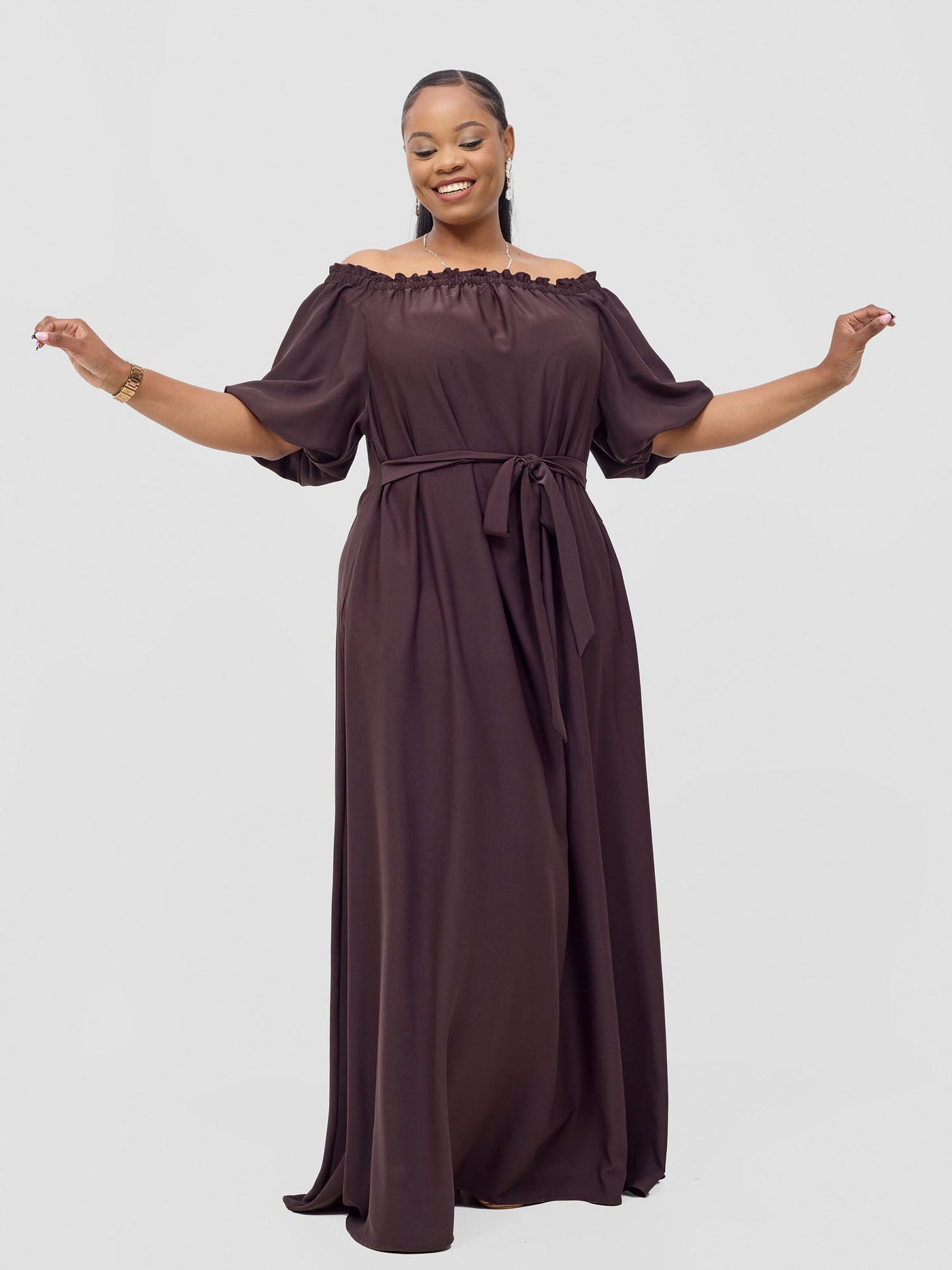 Vivo Ayla Bubble Sleeve Maxi Dress - Brown