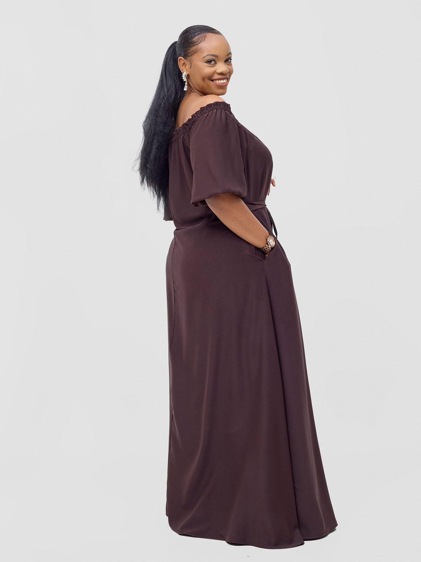 Vivo Ayla Bubble Sleeve Maxi Dress - Brown