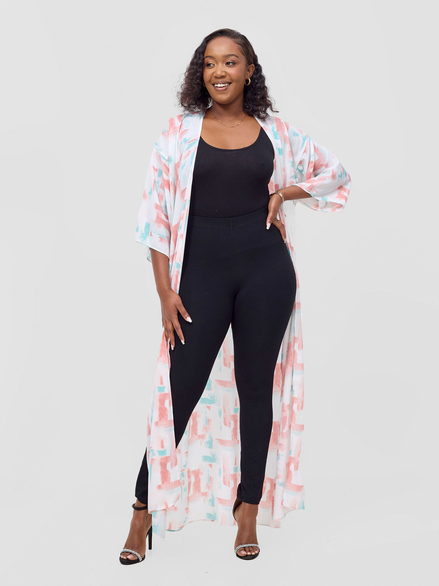 Vivo Basic Nandi A-Line Kimono - Coral / Green Esti Print