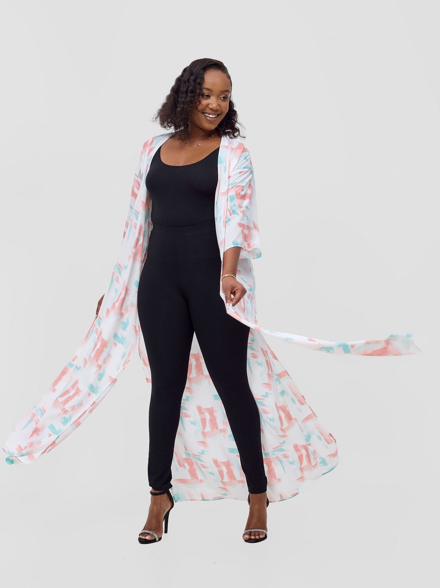 Vivo Basic Nandi A-Line Kimono - Coral / Green Esti Print