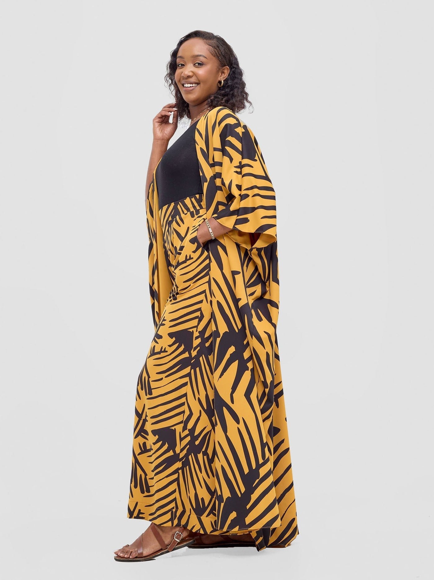 Vivo Ayla Maxi Kimono - Mustard / Black Lala Print - Shopzetu
