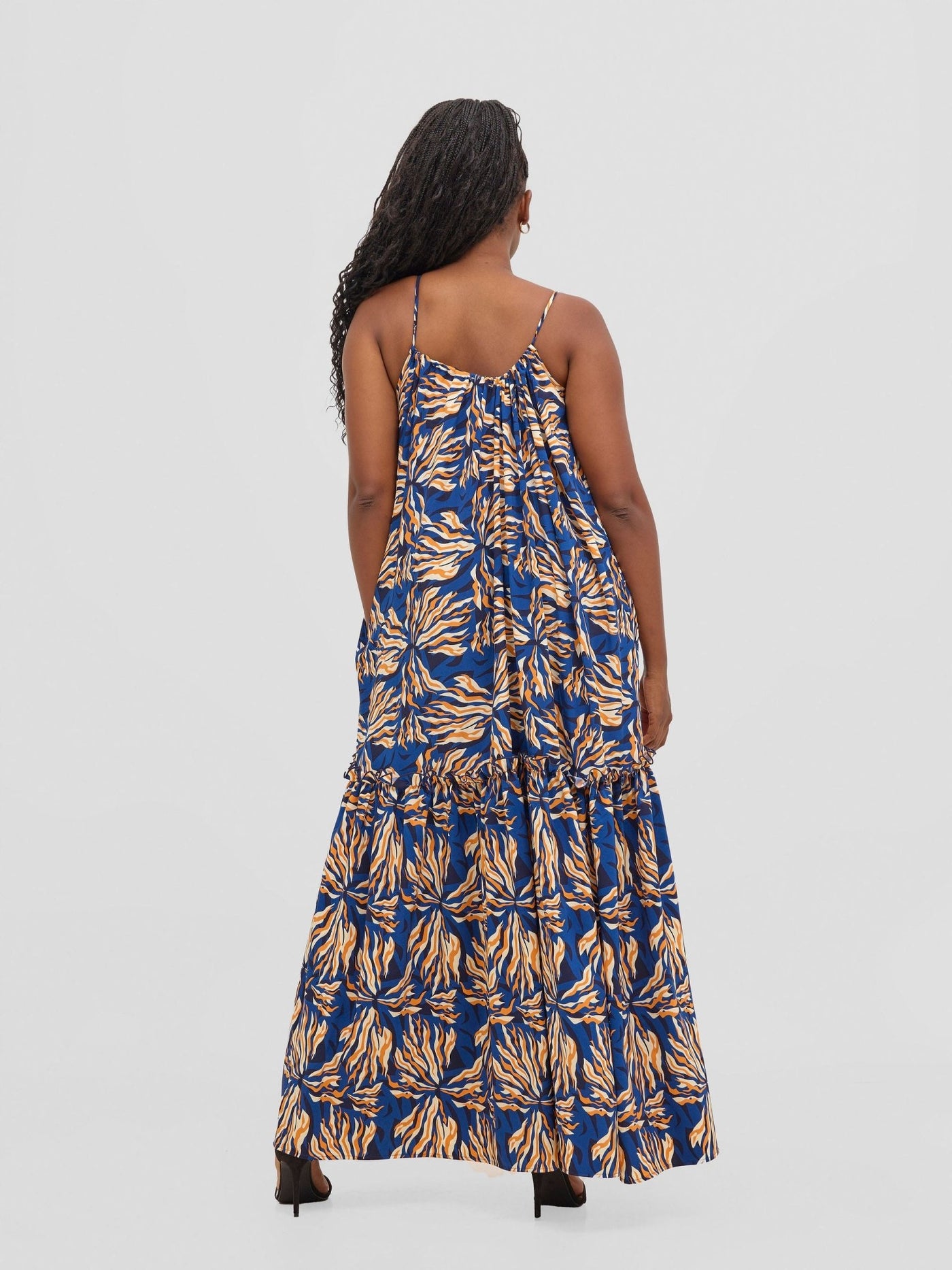 Vivo Sarabi Strappy Flounce Maxi Dress - Orange / Cobalt Print - Shopzetu