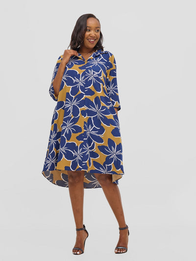 Vivo Reba Hi Low Dress - Navy / White Print - Shopzetu
