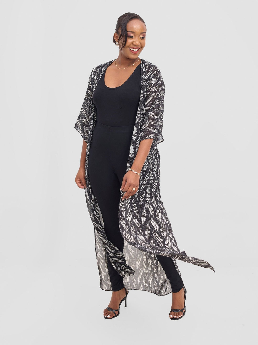 Vivo Basic Nandi A - Line Kimono - Black / White Off - white Nel Print - Shopzetu