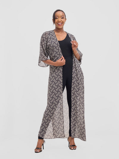 Vivo Basic Nandi A - Line Kimono - Black / White Off - white Ane Print - Shopzetu