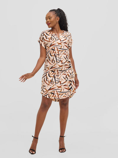 Vivo Pesi Drop Shoulder Shift Dress - Brown Esi Print - Shopzetu