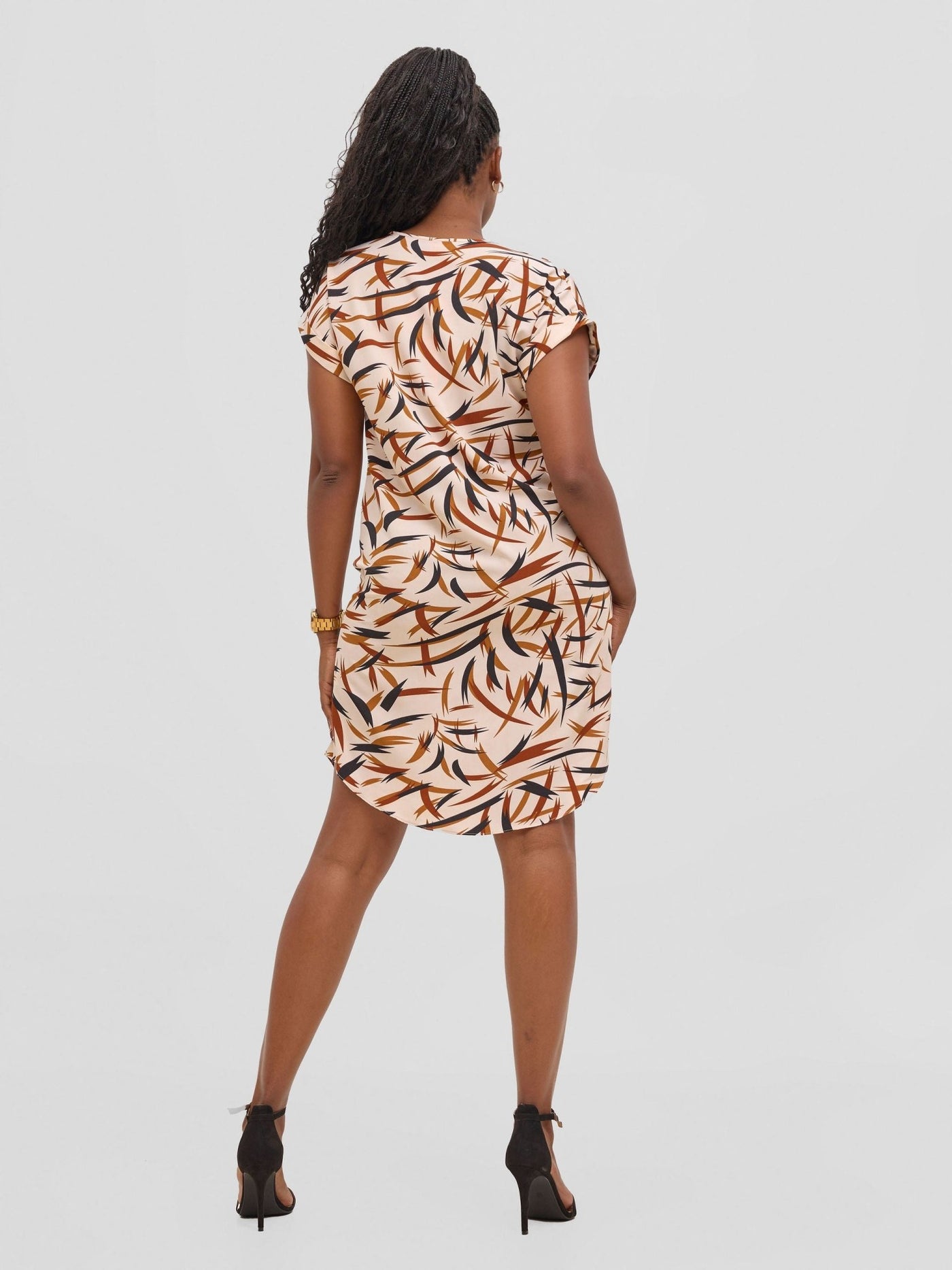 Vivo Pesi Drop Shoulder Shift Dress - Brown Esi Print - Shopzetu
