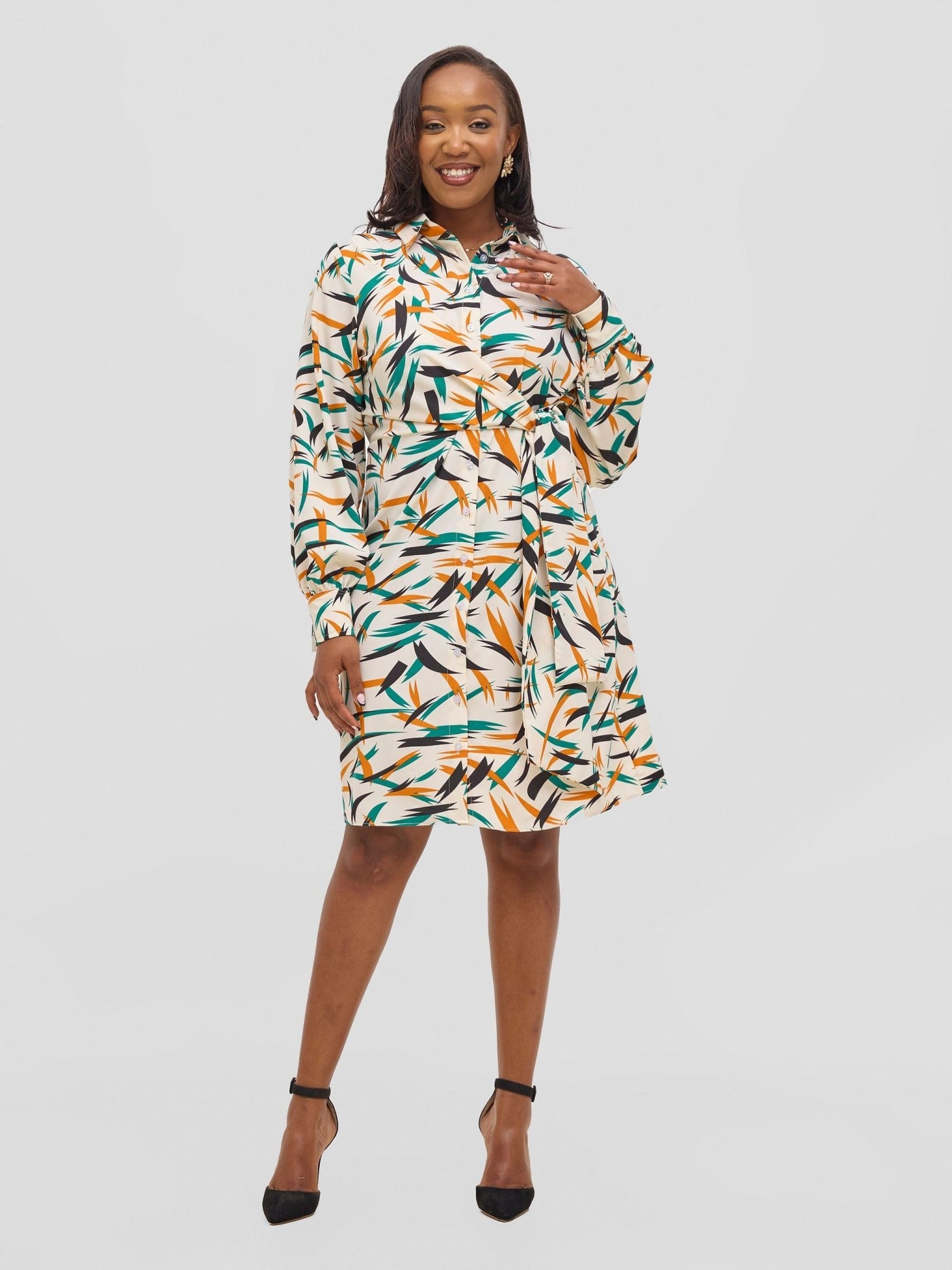 Vivo Arafa Long Sleeve Tie Dress - Green / Orange Rafa Print - Shopzetu