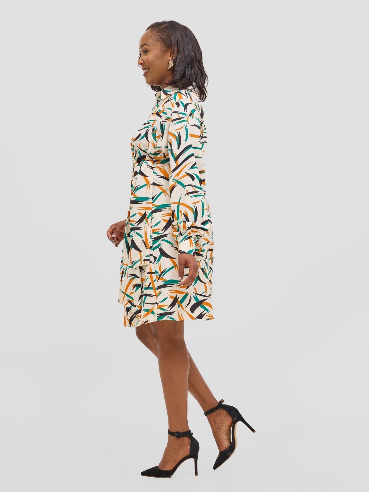 Vivo Arafa Long Sleeve Tie Dress - Green / Orange Rafa Print - Shopzetu