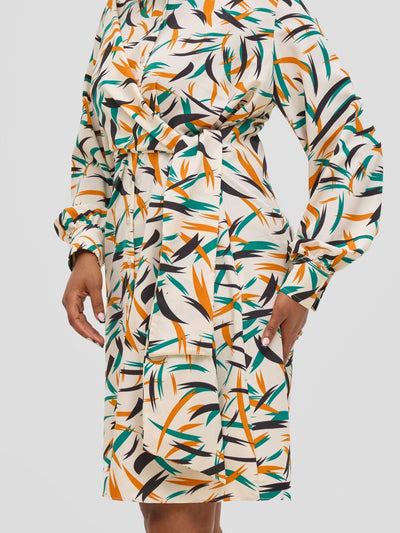 Vivo Arafa Long Sleeve Tie Dress - Green / Orange Rafa Print - Shopzetu