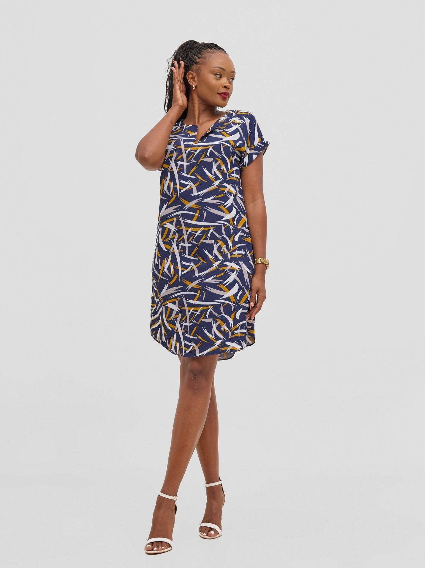 Vivo Pesi Drop Shoulder Shift Dress - Navy Esi Print - Shopzetu