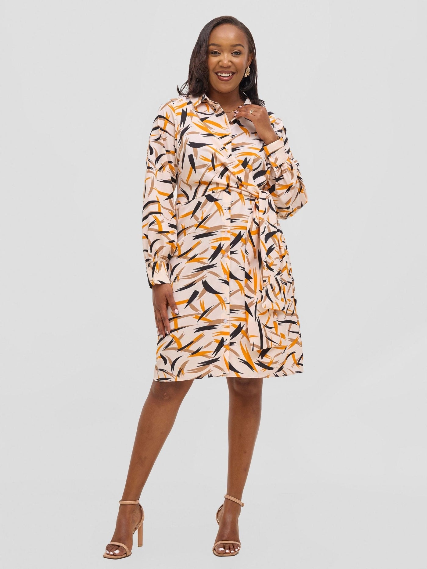 Vivo Arafa Long Sleeve Tie Dress - Taupe / Orange Rafa Print - Shopzetu