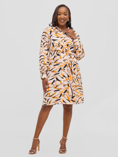 Vivo Arafa Long Sleeve Tie Dress - Taupe / Orange Rafa Print - Shopzetu