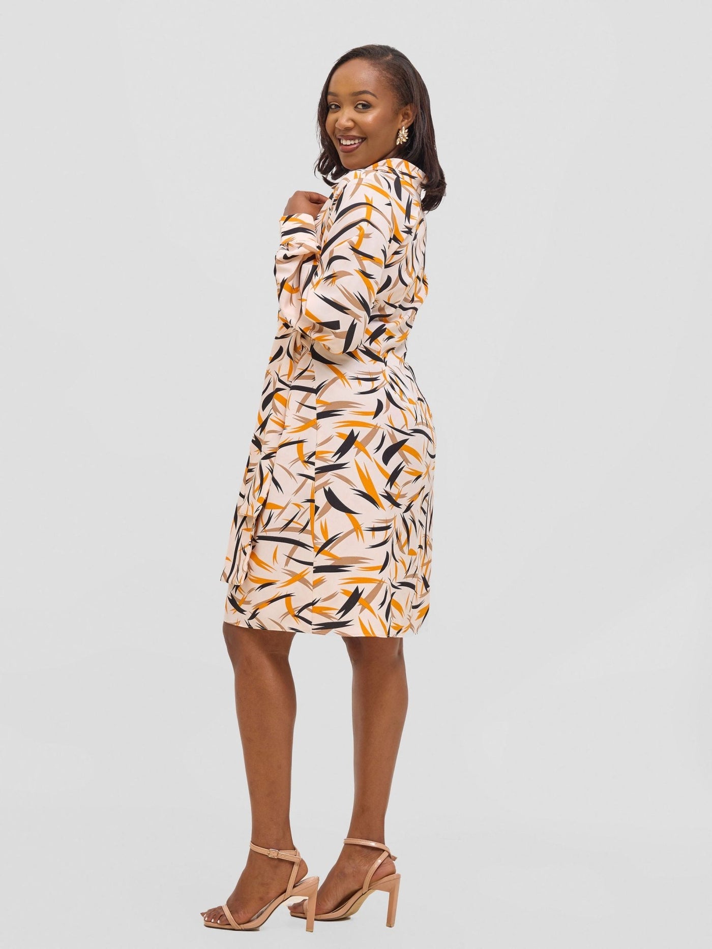 Vivo Arafa Long Sleeve Tie Dress - Taupe / Orange Rafa Print - Shopzetu