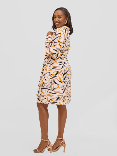 Vivo Arafa Long Sleeve Tie Dress - Taupe / Orange Rafa Print - Shopzetu