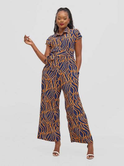 Vivo Ayla Drop Shoulder Jumpsuit - Navy / Orange Print - Shopzetu