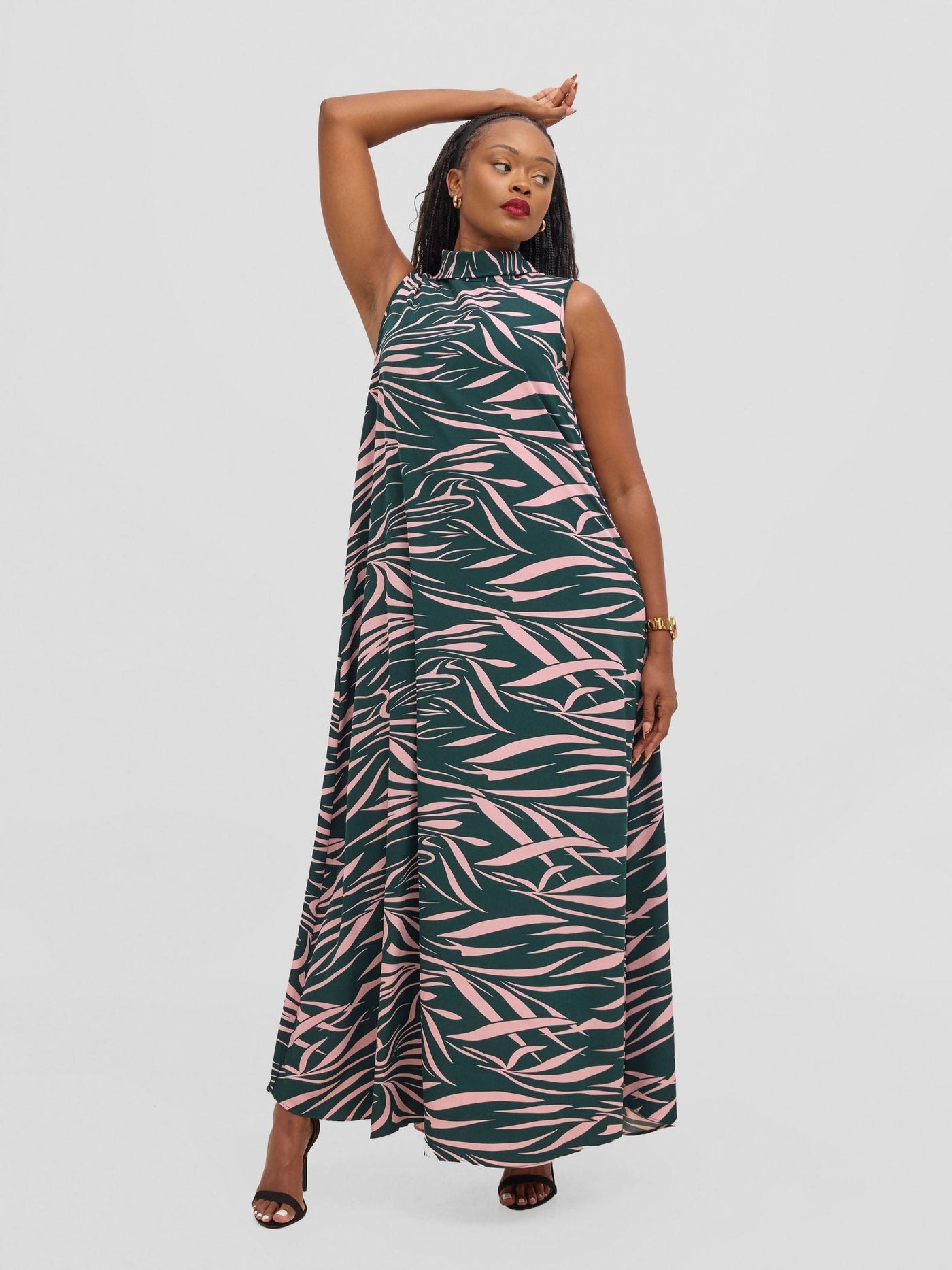 Vivo Bissa Reversible Maxi Dress - Green / Pink Print - Shopzetu