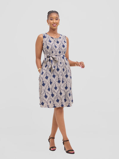 Vivo Basic Sleeveless Tent Dress - Cream / Navy Sinka Print