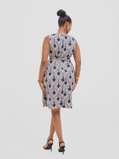 Vivo Basic Sleeveless Tent Dress - Cream / Navy Sinka Print - Shopzetu