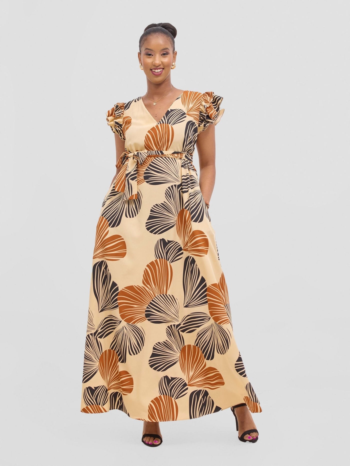 Vivo Nasinka A - line Maxi Dress - Rust / Black Nama Print - Shopzetu