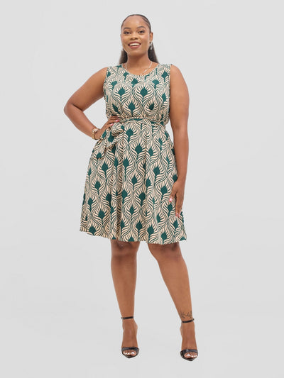 Vivo Basic Sleeveless Tent Dress - Cream / Green Sinka Print - Shopzetu