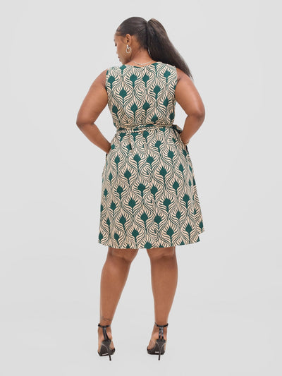 Vivo Basic Sleeveless Tent Dress - Cream / Green Sinka Print - Shopzetu