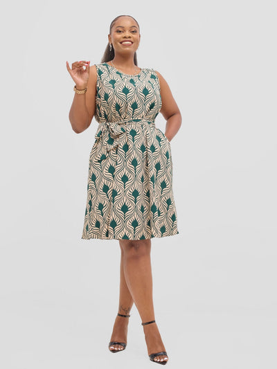 Vivo Basic Sleeveless Tent Dress - Cream / Green Sinka Print - Shopzetu