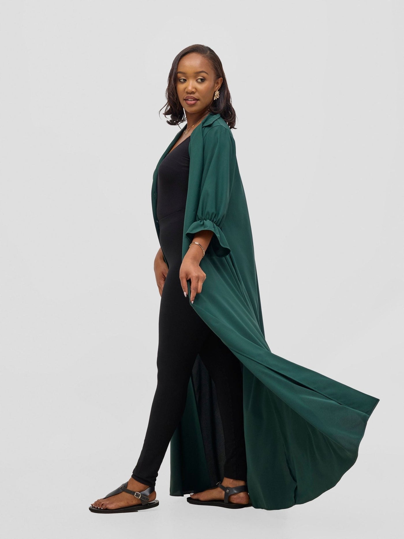Vivo Hadiya Flounce Sleeve Maxi Dress - Dark Green - Shopzetu