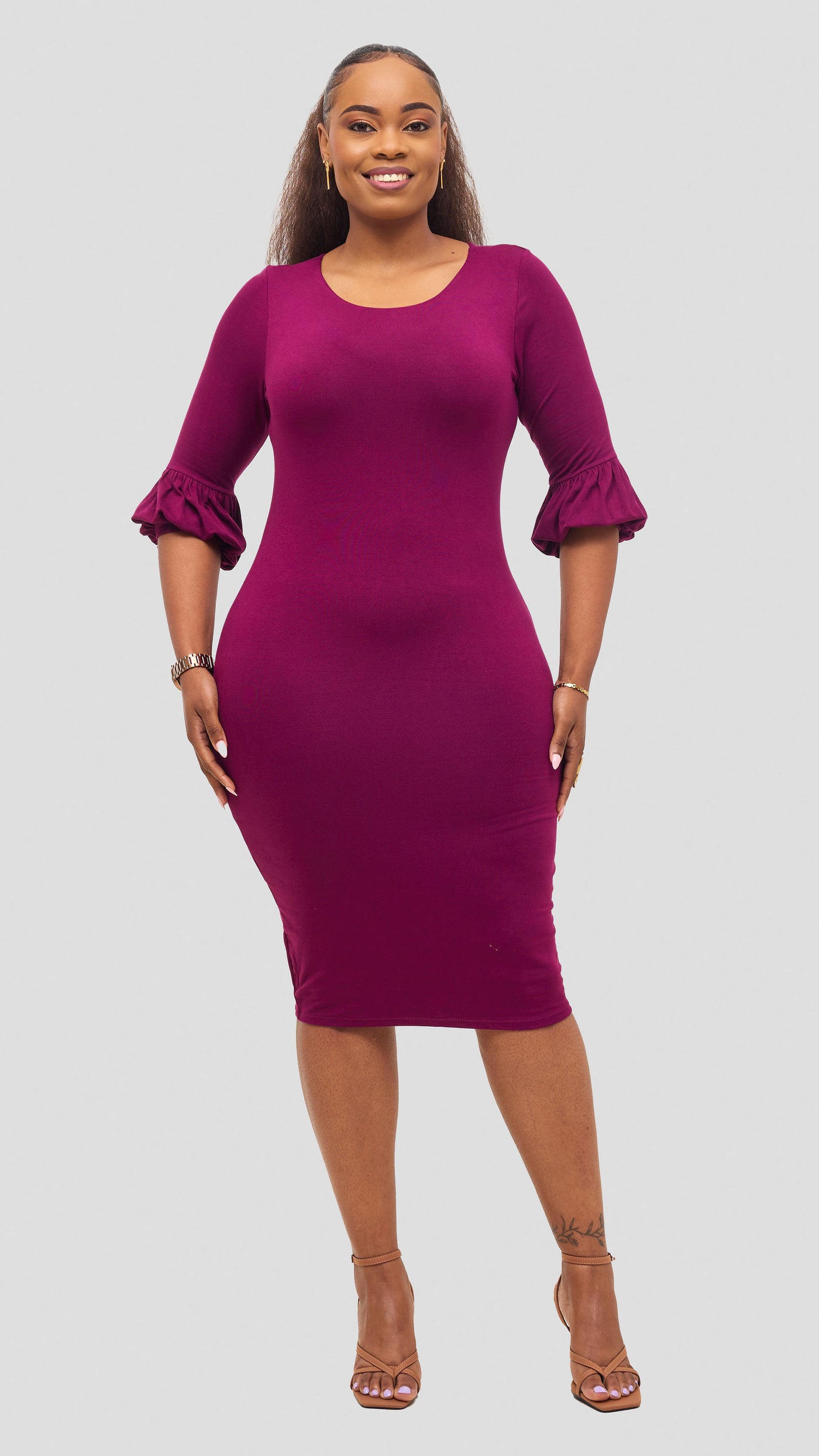 Vivo Basic Puff Sleeved Bodycon - Burgundy