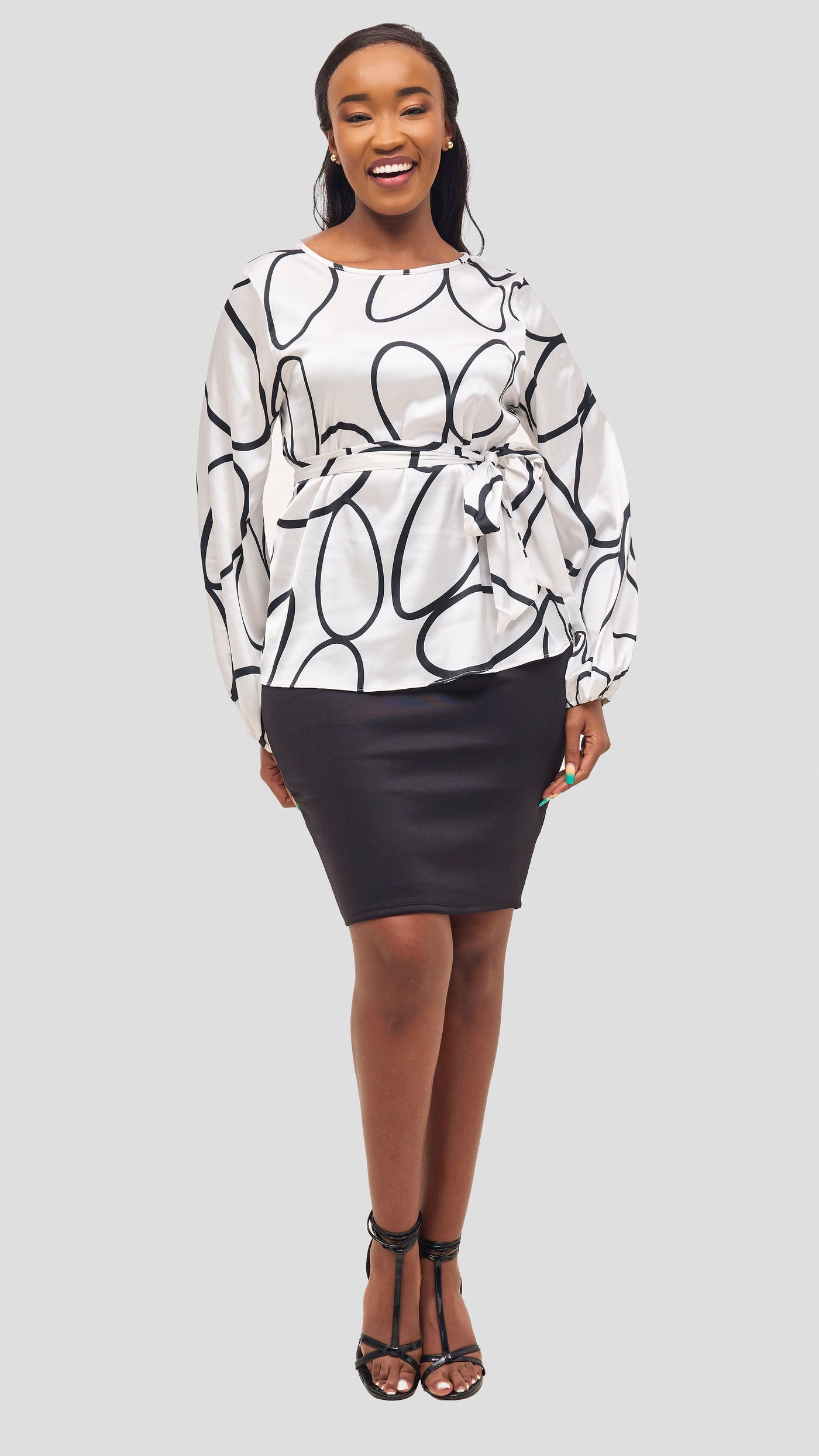 Vivo Basic Satin Bishop Sleeved Top - White Koto Print