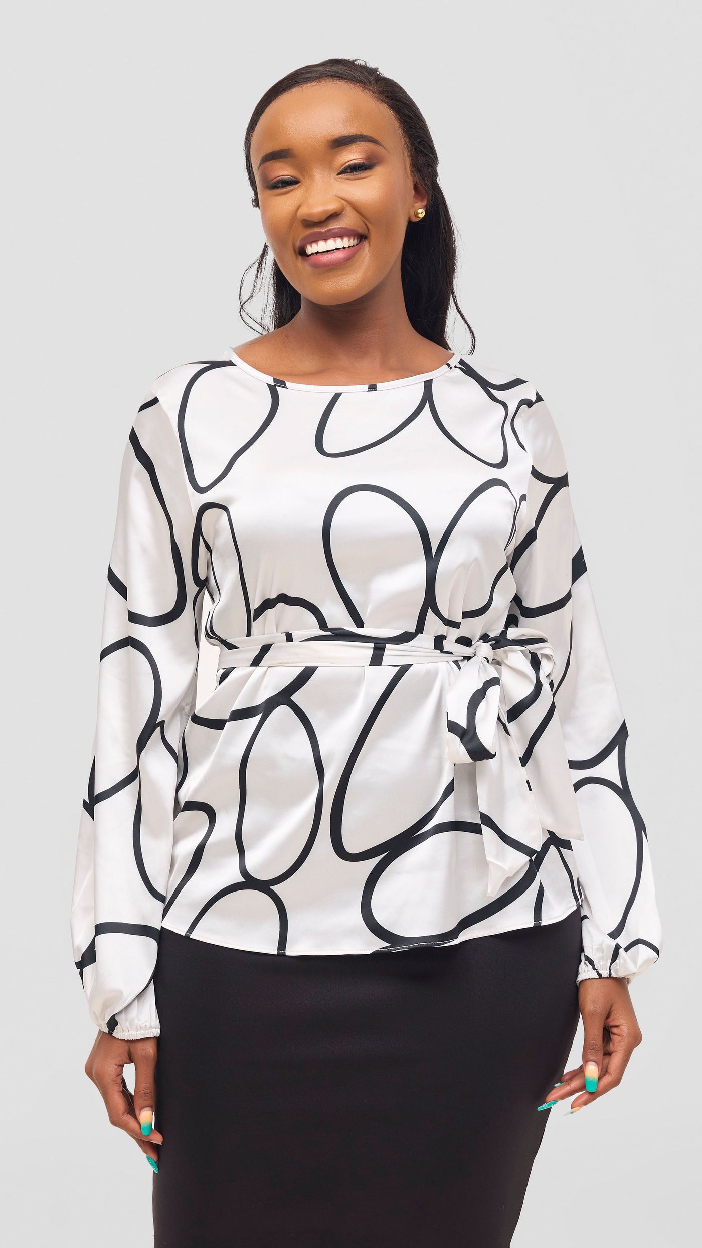 Vivo Basic Satin Bishop Sleeved Top - White Koto Print