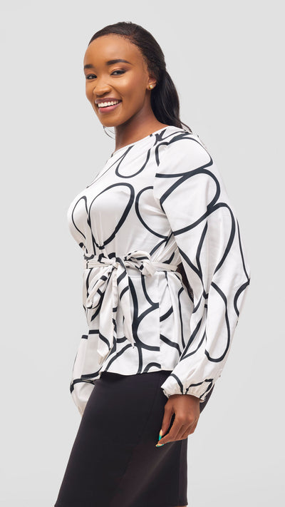Vivo Basic Satin Bishop Sleeved Top - White Koto Print