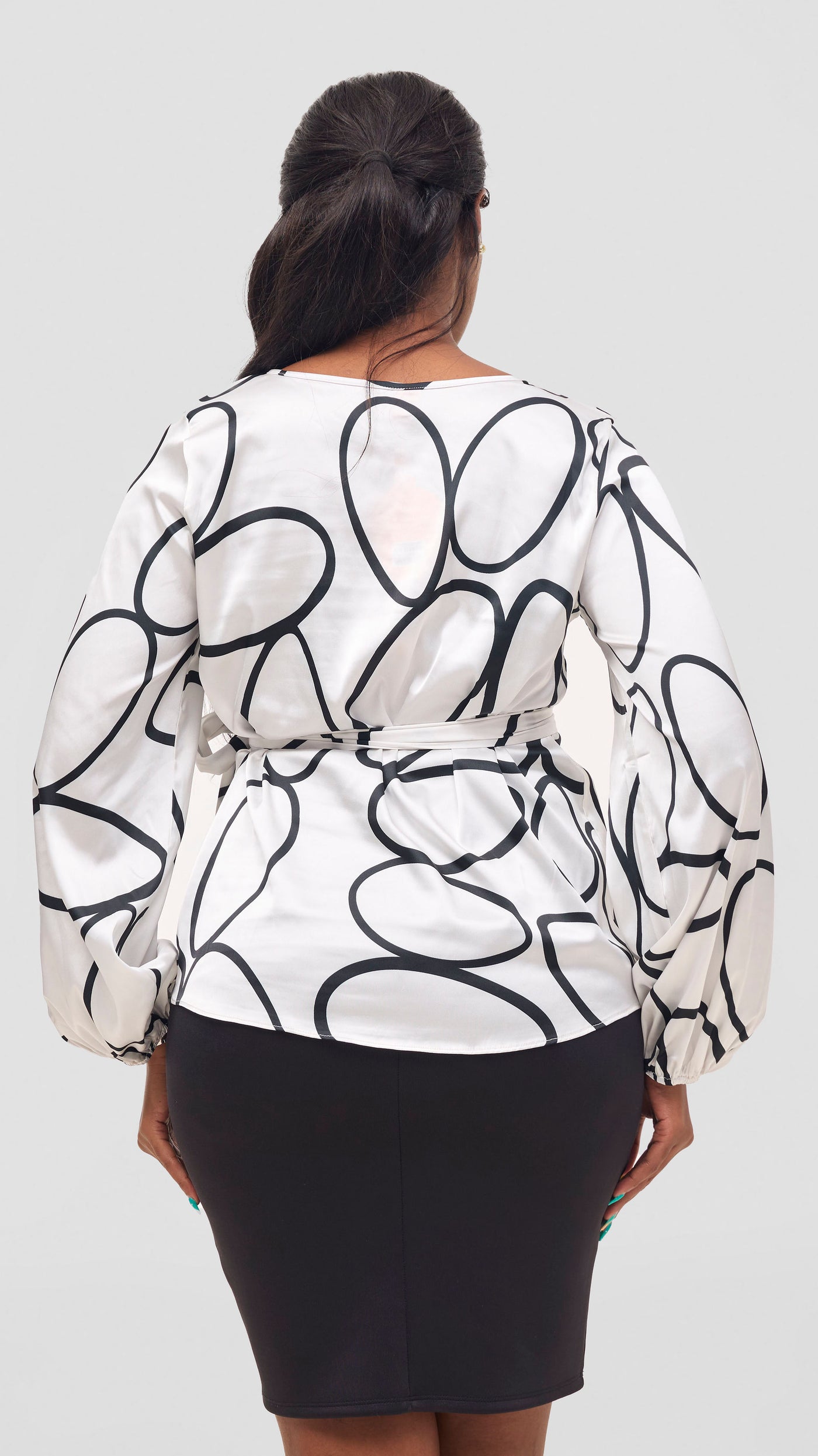 Vivo Basic Satin Bishop Sleeved Top - White Koto Print