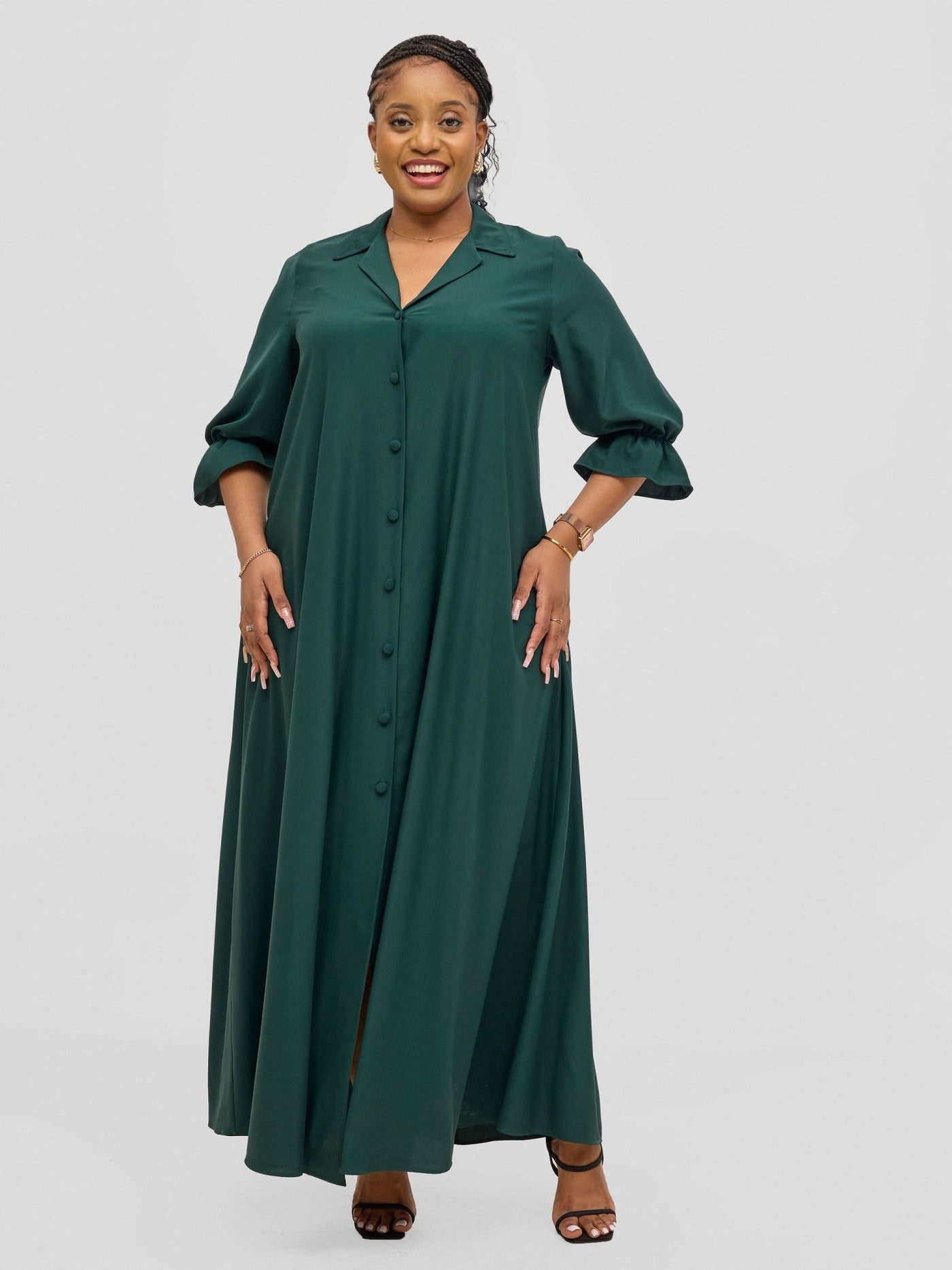 Vivo Hadiya Flounce Sleeve Maxi Dress - Dark Green - Shopzetu