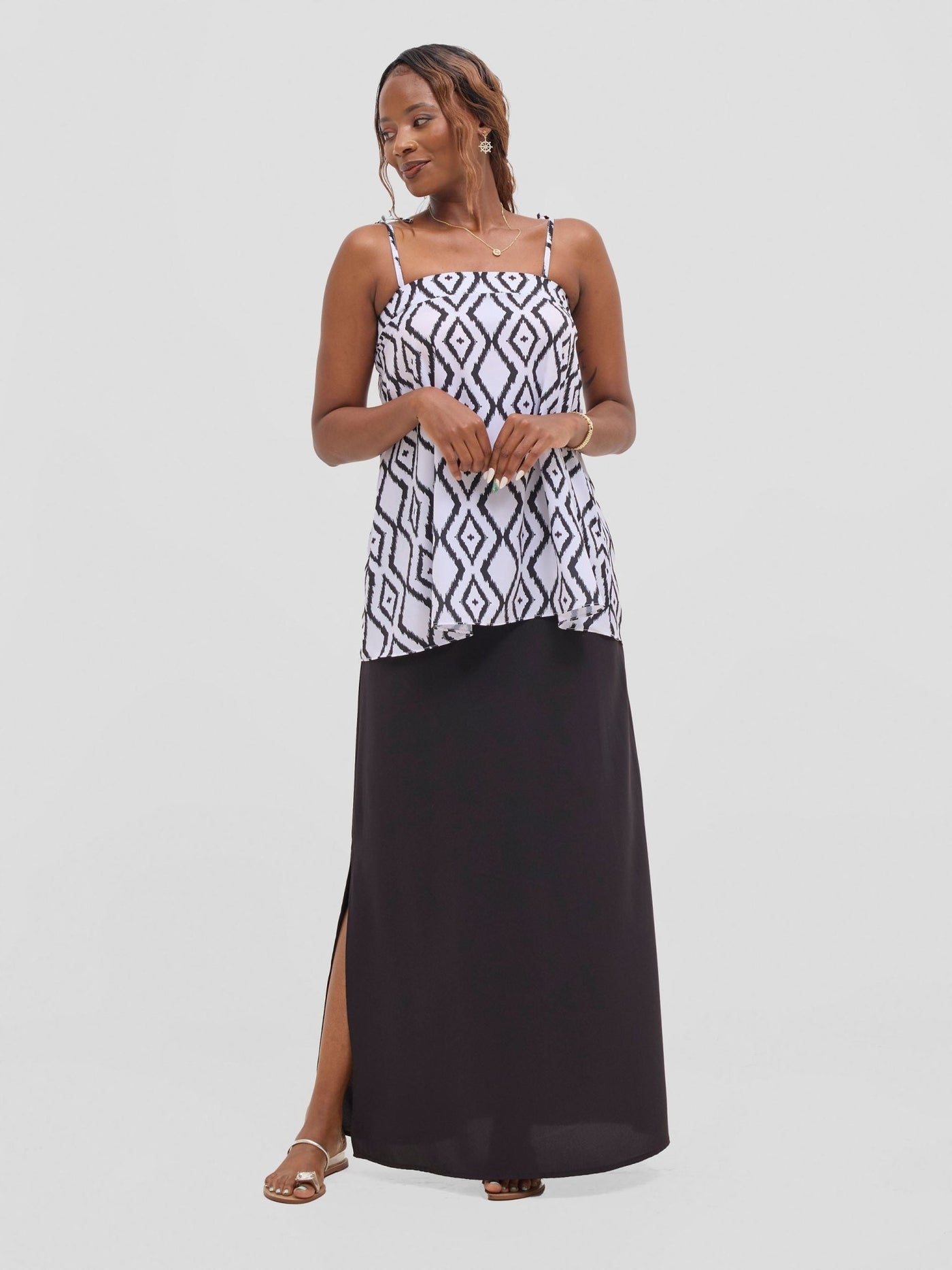 Vivo Seli Strappy Tent Top - White / Black Esli Print - Shopzetu