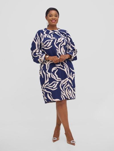 Vivo Chari Shift Dress - Cream / Navy Print - Shopzetu