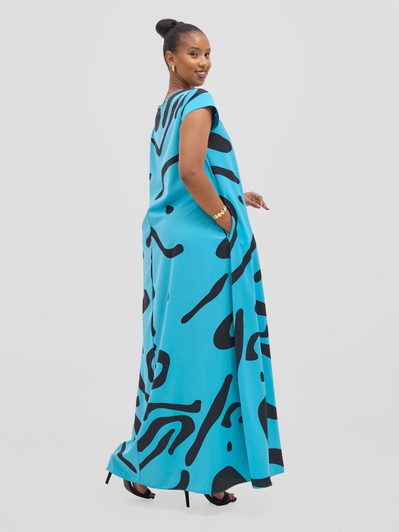 Vivo Basic Cap Sleeve Maxi Tent Dress - Blue / Black Sifa Print - Shopzetu