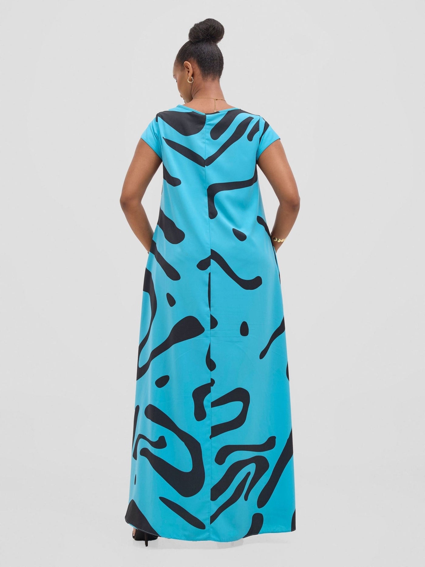 Vivo Basic Cap Sleeve Maxi Tent Dress - Blue / Black Sifa Print - Shopzetu