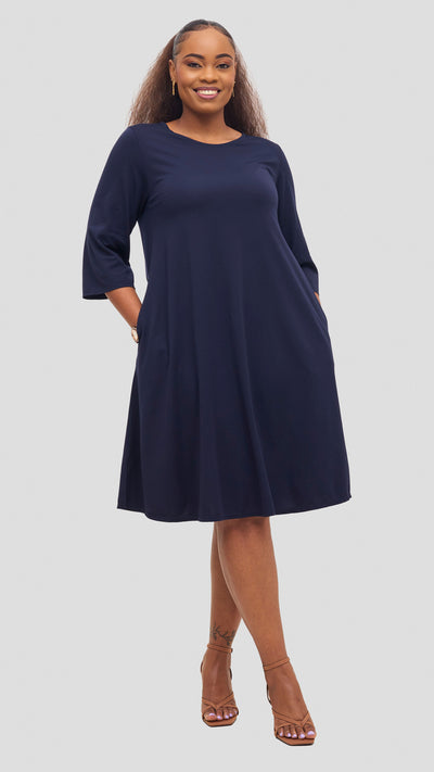 Vivo Basic 3/4 Sleeve Kena Tent Knee Length Dress - Navy Blue