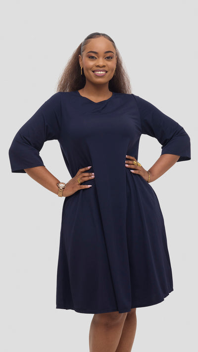 Vivo Basic 3/4 Sleeve Kena Tent Knee Length Dress - Navy Blue