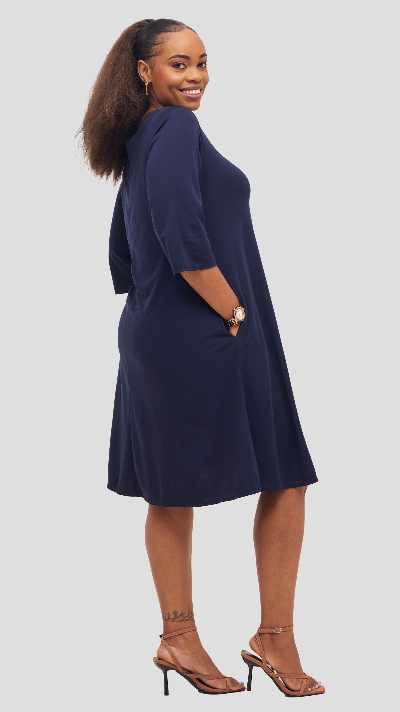 Vivo Basic 3/4 Sleeve Kena Tent Knee Length Dress - Navy Blue