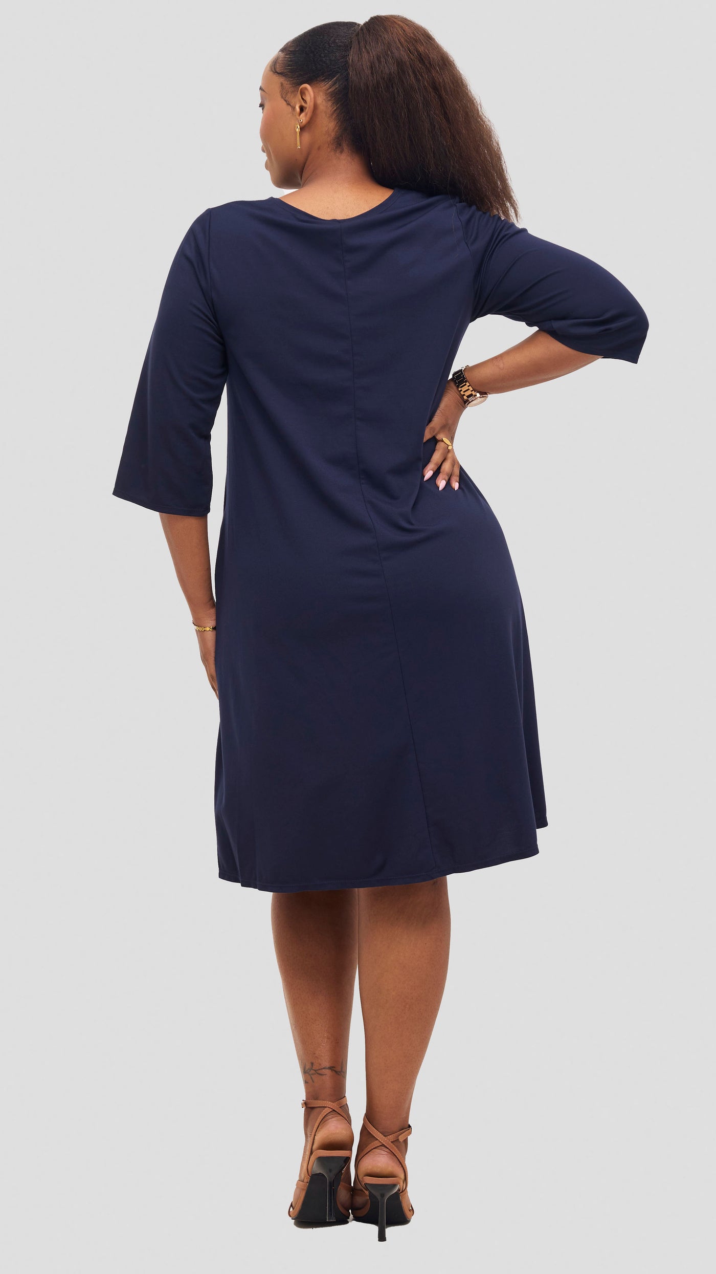 Vivo Basic 3/4 Sleeve Kena Tent Knee Length Dress - Navy Blue