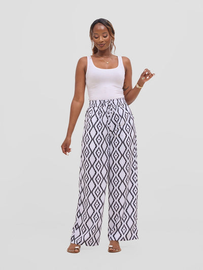 Vivo Seli Wide Leg Pants - White / Black Esli Print - Shopzetu