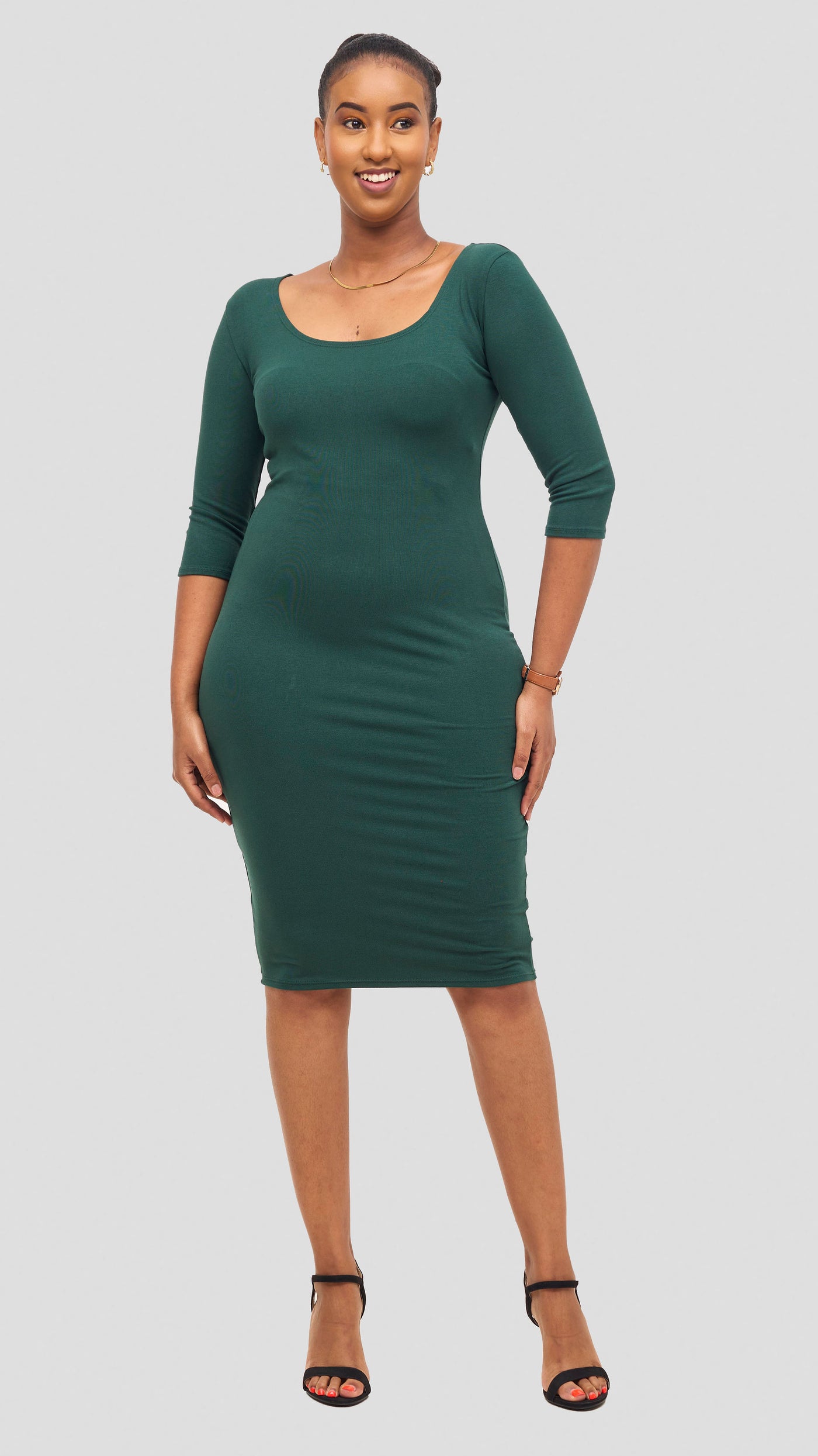 Vivo Basic 3/4 Sleeve Leila Bodycon Dress - Dark Green