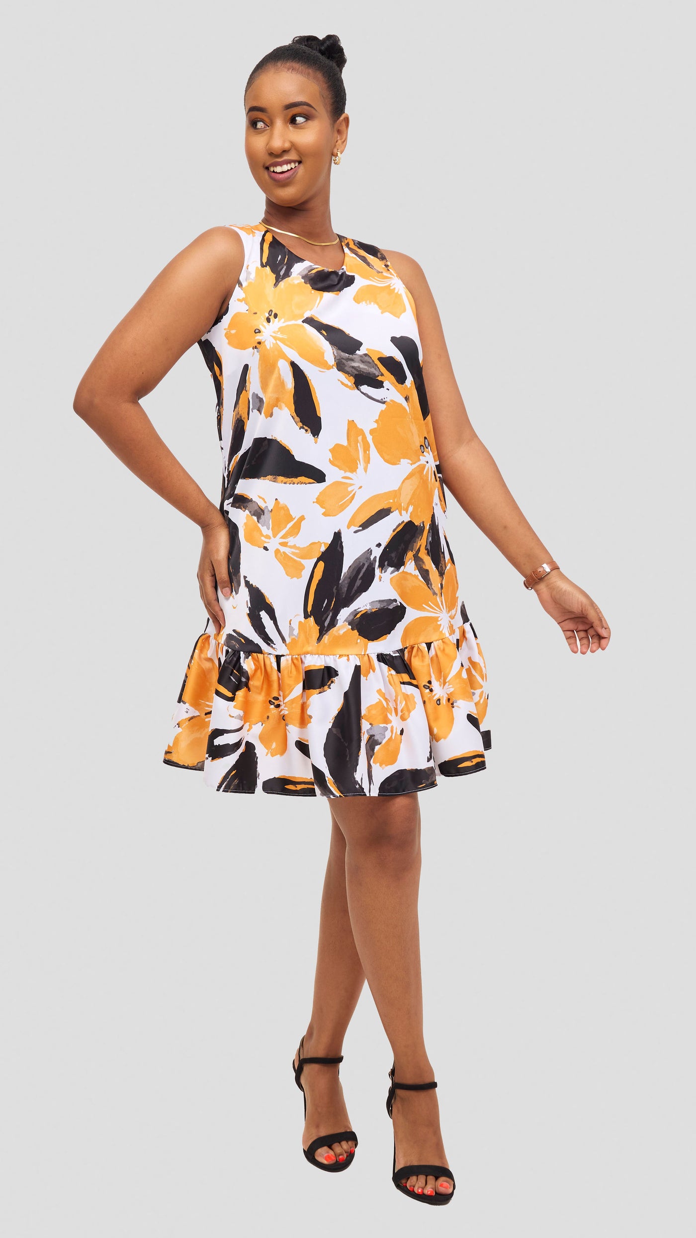 Vivo Iyana Bow Tie Mini Dress - Mustard / Black Iya Print