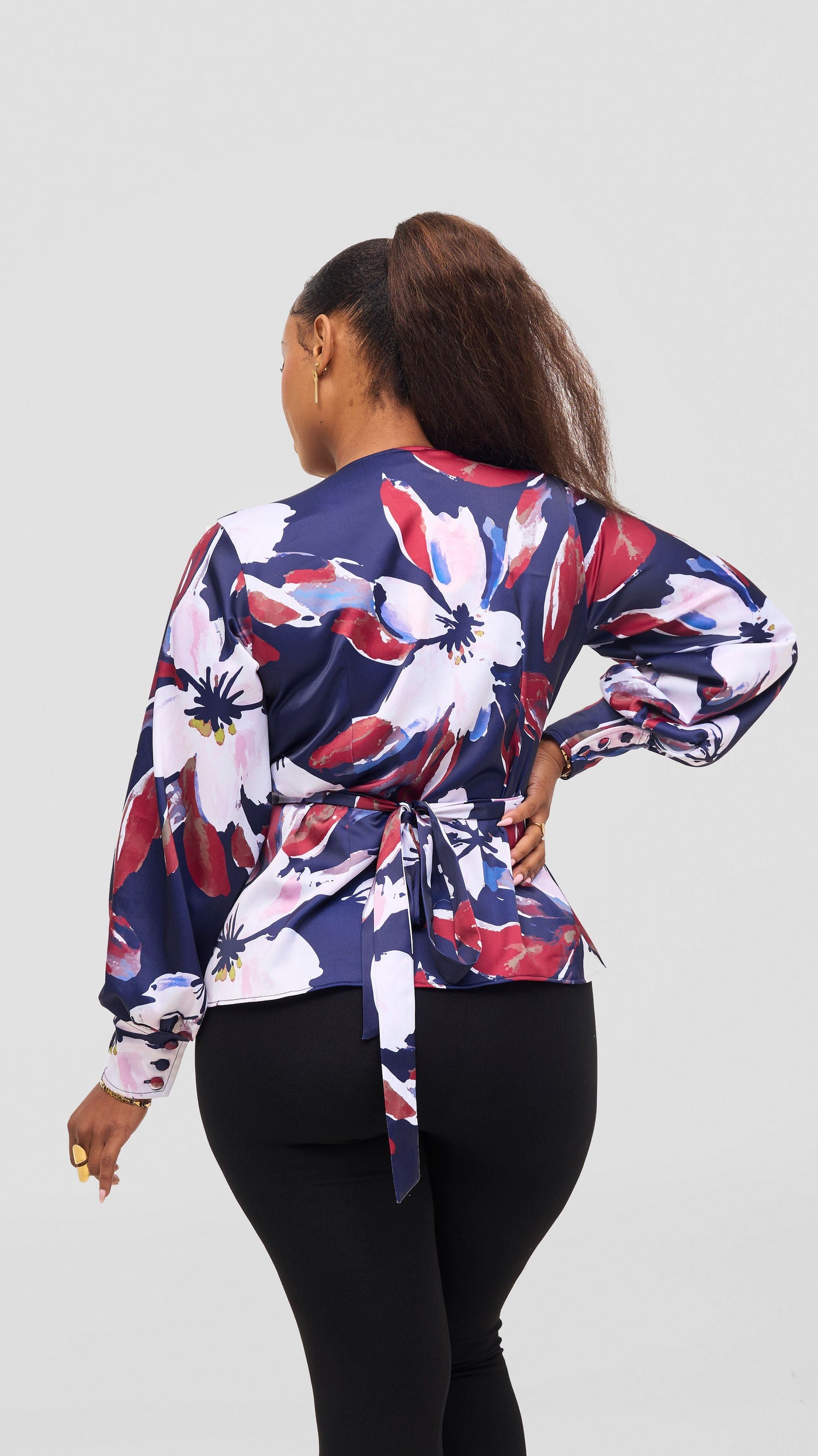 Vivo Merika Satin Wrap Top - Navy / Dark Red Iya Print