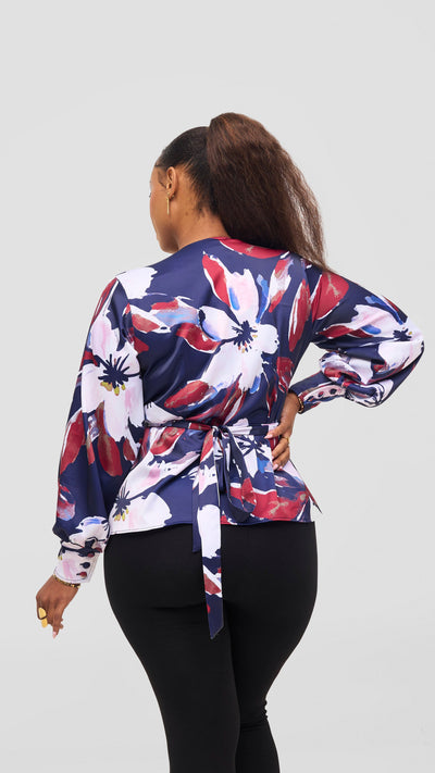Vivo Merika Satin Wrap Top - Navy / Dark Red Iya Print